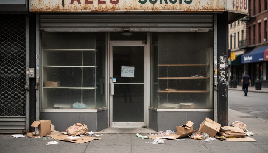 Scattered product boxes near an empty storefront with closed shutters in the background