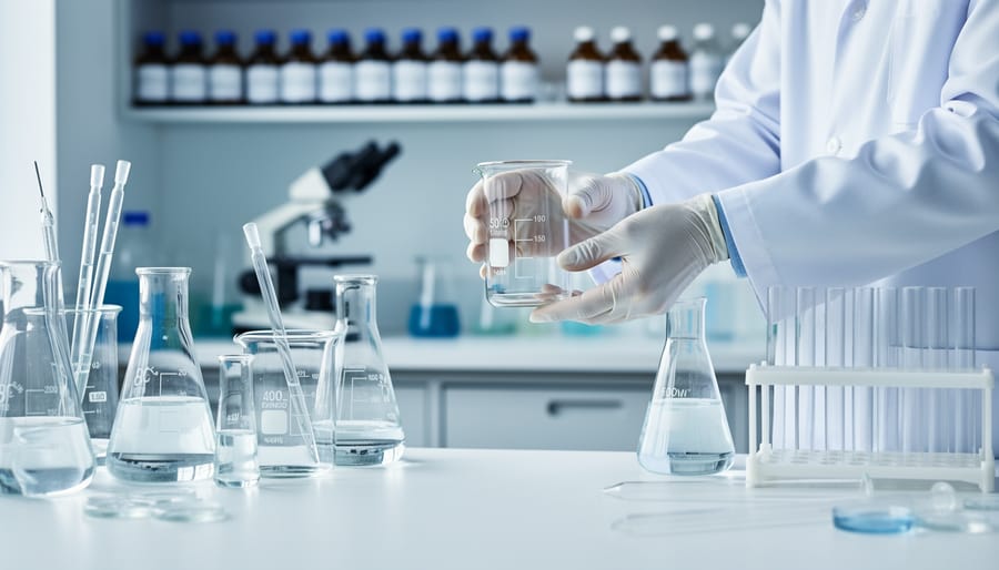 Sealed laboratory sample vials and stainless mixing jars on a clean workbench