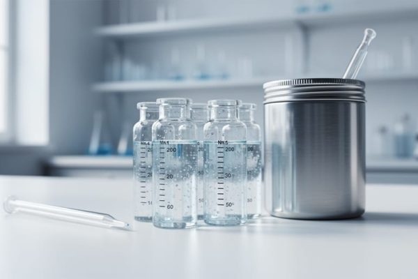 Sealed laboratory sample vials and stainless-steel lab equipment on a clean white workbench, representing careful verification of research materials.