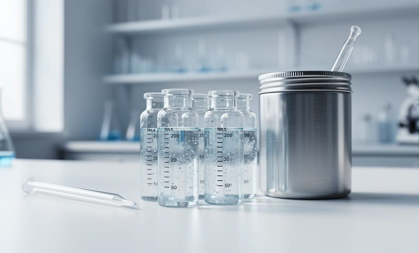 Sealed laboratory sample vials and stainless-steel lab equipment on a clean white workbench, representing careful verification of research materials.